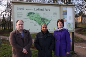 Photo: Cllr Jim Robbins, Candidate Jamal Miah and Candidtae Steph Exell at Lydiard Park