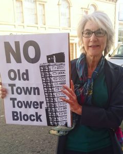 Jane Milner-Barry with No Old Town Tower Block sign