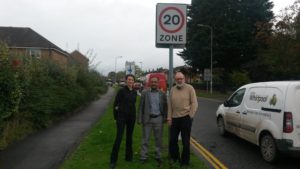 Councillors Steve Allsopp, Emma Bushell and Abdul Amin with 20 MPH sign