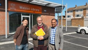 Councillors Emma Bushell, Steve Allsopp and Abdul Amin at Walcot Library